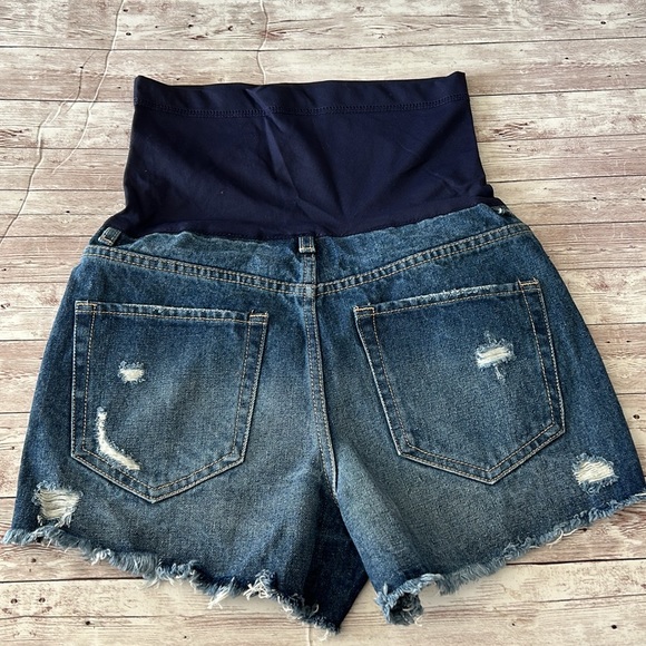 Pinkblush Dark Wash Heavily Distressed Raw Hem Full Panel Maternity Jean Shorts - Picture 6 of 11